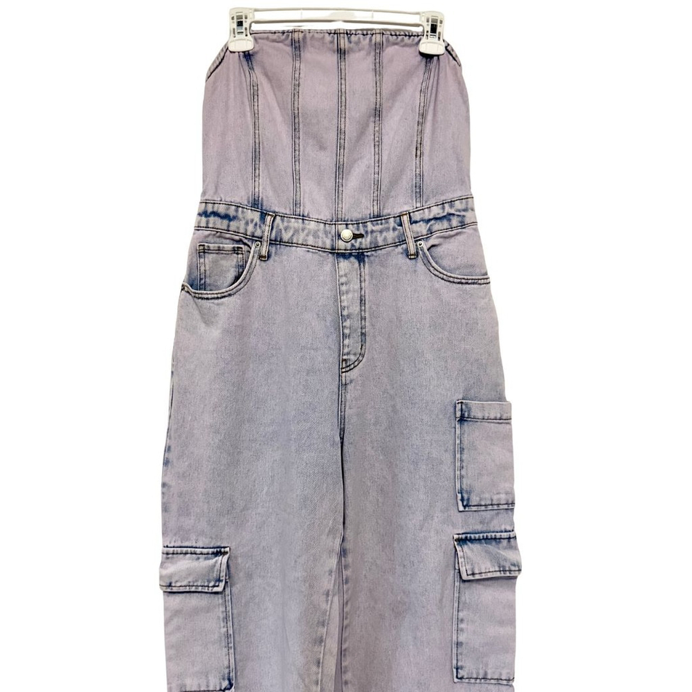 Women's WILD FABLE Y2K Strapless TUBE TOP DENIM Cargo Pockets Jumpsuit JEANS M - Picture 2 of 13